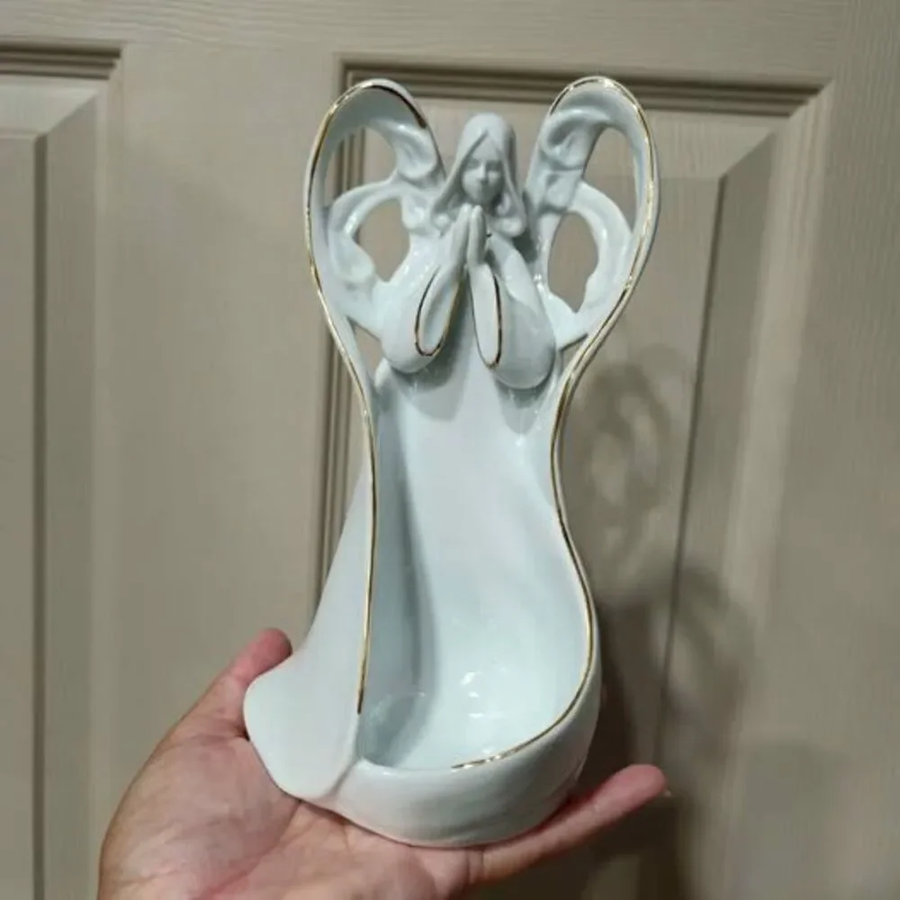 Appletree Design White Porcelain Angel Candle Holder Gold Trim